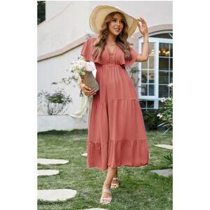 Simplee V-neck Dress Office Lady Boho Short Sleeve Evening Maxi Dress - XL - NWT